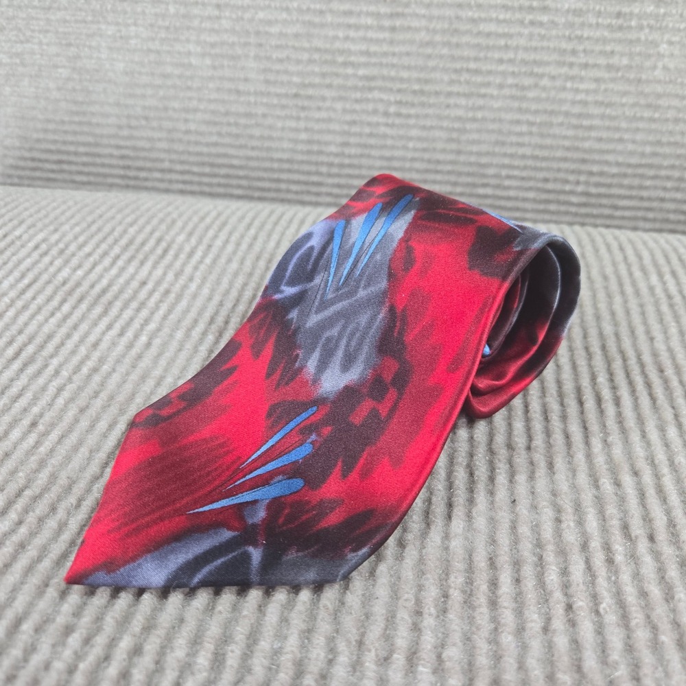 Murano Mens Extra Long Red Gray Abstract Silk Necktie